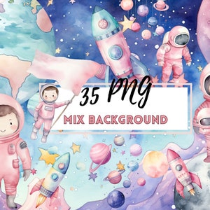 May include: Watercolor illustration of a space scene with pink astronauts, rockets, and planets. The background is a blue and purple watercolor wash with stars. The text "35 PNG MIX BACKGROUND" is written in black.