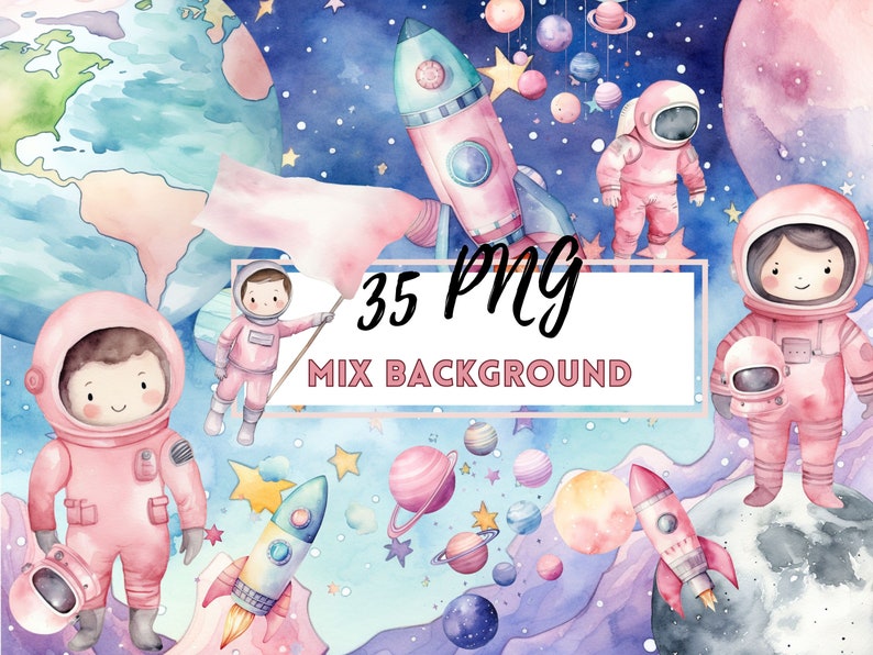 May include: Watercolor illustration of a space scene with pink astronauts, rockets, and planets. The background is a blue and purple watercolor wash with stars. The text "35 PNG MIX BACKGROUND" is written in black.