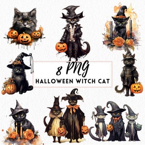 ハロウィン猫カボチャ水彩クリップアート、魔女黒猫ハロウィンPNG、不気味な猫の装飾、デジタル猫ハロウィンクリップアート、不気味な印刷物
