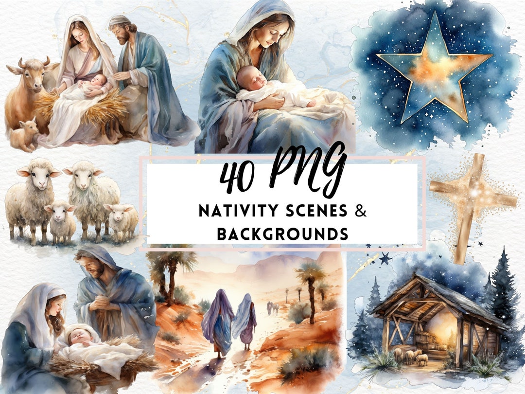 Nativity Scene Watercolor Christmas Clipart Bundle, Jesus Christmas ...
