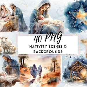 Paquete de imágenes prediseñadas navideñas de acuarela de la Natividad, imágenes prediseñadas navideñas de Jesús, PNG del nacimiento de Jesús, uso comercial, creación de tarjetas y scrapbooking