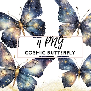 Dunkelblau Gold Schmetterlinge Clipart SET, Cosmic Theme Schmetterling, Transparente PNG Clipart, Aquarell Schmetterling Clipart, Grafik Illustration