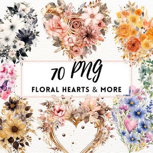 Aquarell Blumen Herz Clipart, hochwertige PNGs, Blumenherzen PNG, Herzblumen, Blumenherzdateien, kommerzielle Nutzung, Goldblumenherz