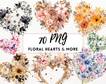 Watercolor Flower Heart Clipart, High Quality PNGs, Floral Hearts PNG, Heart Flowers, Flower Heart Files, Commercial Use, Gold Floral Heart
