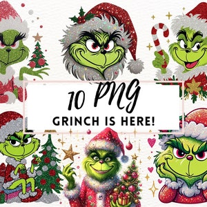 Funky Grinch PNG, Weihnachten PNG, Süßes Weihnachts-Shirt, Grinch Digital Design, fröhliche glitzernde Glitzer Weihnachtslichter, Grinch Santa PNG