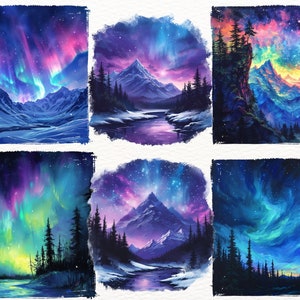 May include: Six digital paintings depicting a mountain range with a river flowing through it, under a colourful aurora borealis sky.