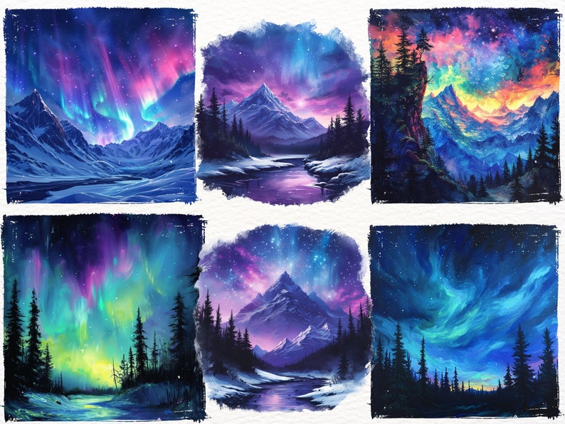 May include: Six digital paintings depicting a mountain range with a river flowing through it, under a colourful aurora borealis sky.