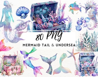 Puede incluir: Un conjunto de 80 ilustraciones digitales de acuarela con colas de sirena, conchas marinas, corales, caballitos de mar, estrellas de mar y cofres del tesoro. Las ilustraciones están en tonos de azul, rosa, morado y verde.