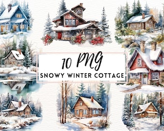 Imágenes prediseñadas de cabañas de invierno, gráficos PNG de casas de campo nevadas (descarga digital)