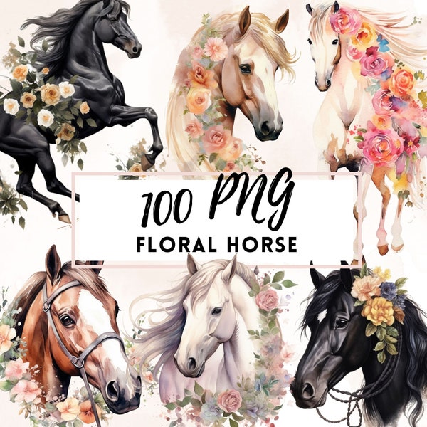 Watercolor Floral Horse Clip Art, Floral Boho Horse PNG, Watercolor Horse PNG, Card Making, Wall Art, Horse with Flowers, Digital Horse PNG