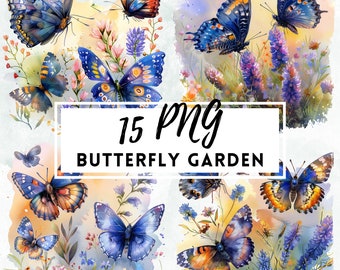 Watercolor Butterfly Garden Clipart: Wildflower PNG Set (Digital Download)