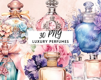 Watercolor Perfume Bottles Clipart, Fashion Illustration PNG (Digital Download)