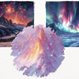 May include: A digital painting depicting a snowy mountain range with a vibrant aurora borealis in the sky. The aurora is a mix of pink, green, and blue, and the mountains are silhouetted against the night sky.