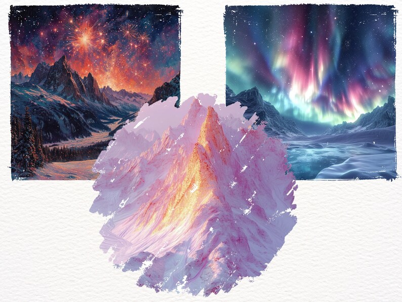 May include: A digital painting depicting a snowy mountain range with a vibrant aurora borealis in the sky. The aurora is a mix of pink, green, and blue, and the mountains are silhouetted against the night sky.