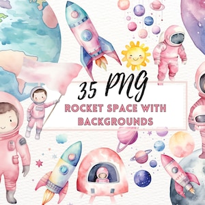 Espace aquarelle Clipart, vaisseau spatial astronaute mignon, clipart planètes pastel, fusées PNG, clipart espace, étoiles lune PNG, décoration de chambre d'enfant