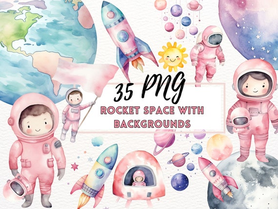 Space Watercolor Clipart, Cute Astronaut Spaceship, Pastel Planets Clipart, Rockets PNG, Outerspace Clipart, Stars Moon PNG, Nursery Decor