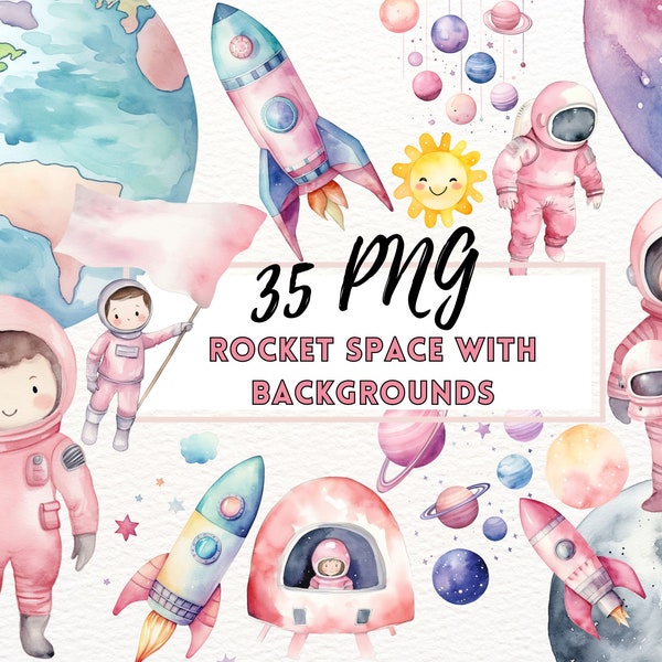 Space Watercolor Clipart, Cute Astronaut Spaceship, Pastel Planets Clipart, Rockets PNG, Outerspace Clipart, Stars Moon PNG, Nursery Decor