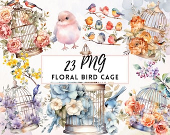 Floral Bird Cage Clipart, Watercolor Shabby Chic PNG (Digital Download)