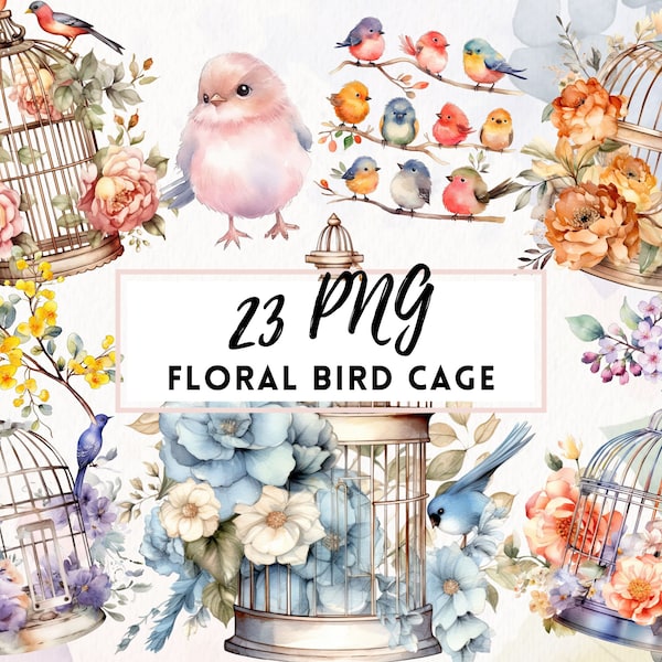 Floral Bird Cage ClipArt, Watercolor Shabby Chic Decor, Cozy Home Prints in PNG, Commercial Use, Rustic Digital Download, Birdcage Stickers
