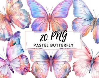 Watercolor Pastel Butterfly Clipart Set, Transparent PNG (Digital Download)