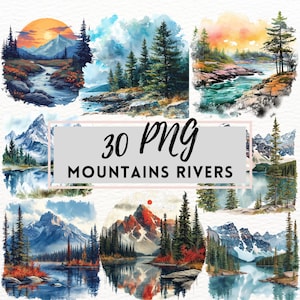 Escena de río de montaña, paisaje de lago en acuarela, clipart de sublimación, PNG transparente, scrapbooking, artesanía, descarga digital, uso comercial PNG