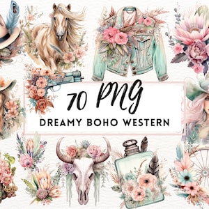Aquarell Western Clip Art, Boho Blumen Cowgirl Cowboy Clip Art, Western PNG, Aquarell Western PNG, Wilder Westen, Junk Journal, Boho Western