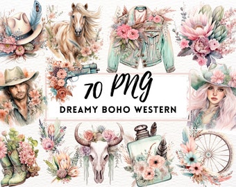 May include: A collection of 70 watercolor illustrations in a boho western style. The illustrations include a cowboy hat, a horse, a denim jacket, a skull, a bottle, a wagon wheel, and various floral arrangements.