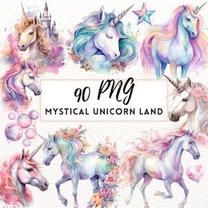 Pacote de clipart mágico de unicórnio em aquarela, clipart de unicórnio, uso comercial, gráfico de unicórnio, desenhos de unicórnio PNG, scrapbooking, criação de cartões