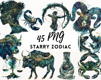Zodiac Sign PNG Bundle, Starry Galaxy Horoscope (Digital Download)