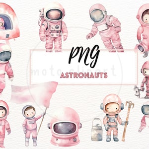 May include: A set of pink watercolor illustrations of astronauts in various poses, including a spaceship, a flag, and tools. The illustrations are perfect for adding a whimsical touch to any project.