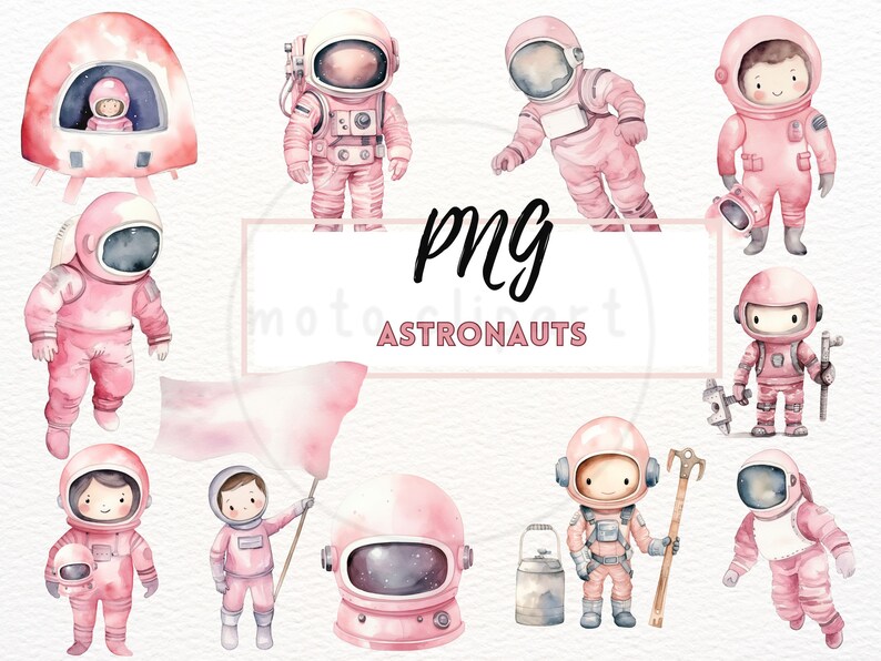 May include: A set of pink watercolor illustrations of astronauts in various poses, including a spaceship, a flag, and tools. The illustrations are perfect for adding a whimsical touch to any project.