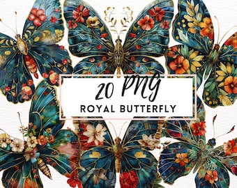 Watercolor Royal Butterfly Clipart, Victorian PNG Illustrations (Digital Download)