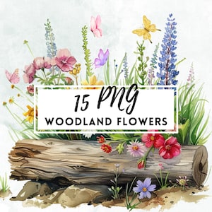 Flores silvestres em troncos, clipart de aquarela para impressão, imagens de flores silvestres de alta qualidade, flores em troncos, clipart botânico, artesanato em papel