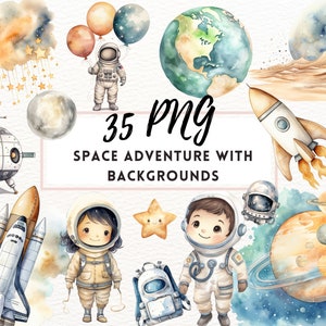 Aquarelle espace Clipart SET, clipart chambre d'enfant astronaute de l'espace, clipart fusée, étoiles et lune PNG, vaisseau spatial astronaute, téléchargement immédiat