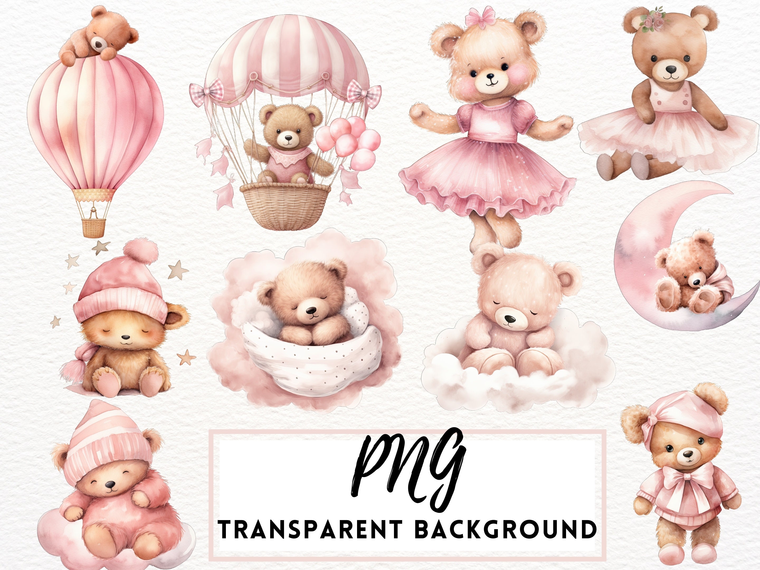 Watercolor Pink Teddy Bear Clipart Bundle, Baby Shower PNG (digital ...