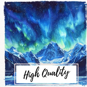 May include: A watercolour painting depicting a mountain range with a vivid green and blue aurora borealis in the sky. The mountains are covered in snow and the sky is dotted with stars.