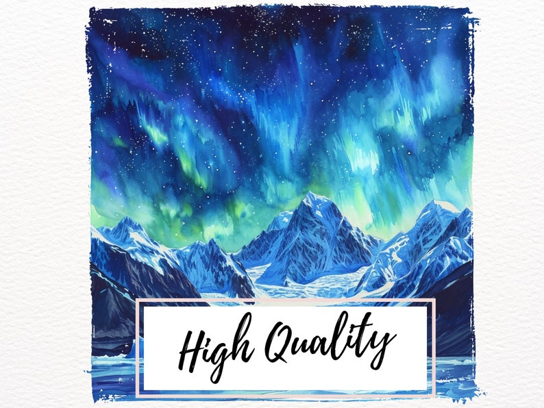 May include: A watercolour painting depicting a mountain range with a vivid green and blue aurora borealis in the sky. The mountains are covered in snow and the sky is dotted with stars.