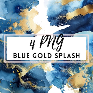Aquarel blauw goud kleur splash clipart, png blauw goud verf splatter, abstract blauwe clipart, png, commercieel gebruik, instant download
