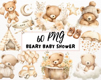 水彩画風テディベアのクリップアート、ボヘミアン風ベビーシャワーPNG（デジタルダウンロード）