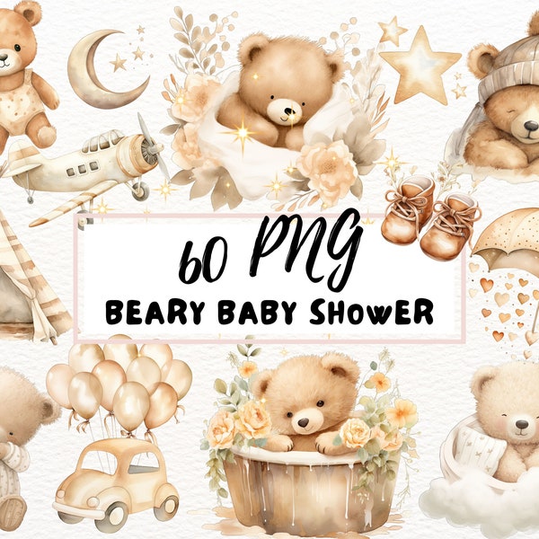 Akwarela miś clipart, śpiące misie, mały miś, Boho miś clipart, Baby Shower clipart, słodkie urodziny clipart