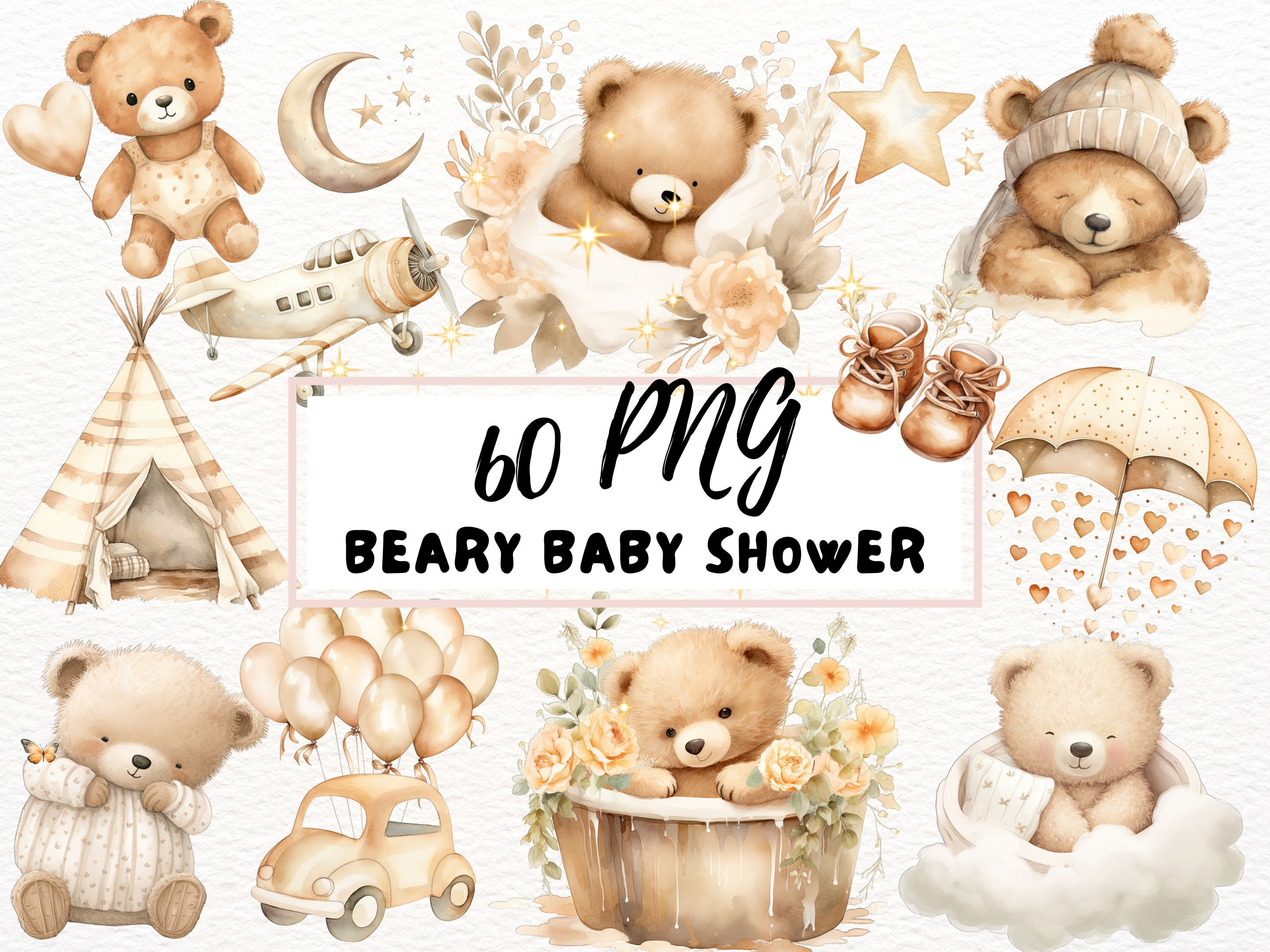 Watercolor Teddy Bear Clipart, Boho Baby Shower PNG (digital Download ...