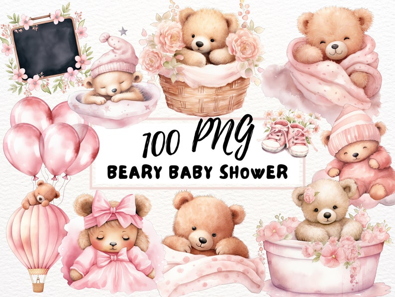 Watercolor Pink Teddy Bear Clipart Bundle, Baby Shower PNG (digital ...