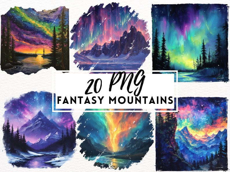 May include: A digital download of 20 fantasy mountain images. The images feature colourful, abstract mountains with a starry sky and aurora borealis. The images are perfect for use in digital art, scrapbooking, and other creative projects.