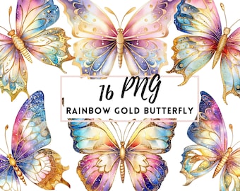 Rainbow Butterfly Clipart Set, Gold Accent PNG (Digital Download)