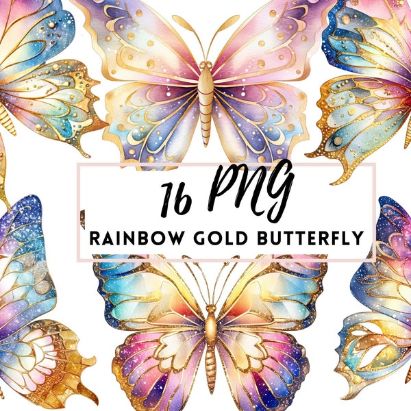 Rainbow Butterfly SET, Gold Rainbow Colorful Butterfly Clipart SET, Transparent PNG Clipart, Butterfly Clipart, Graphic Butterfly Bundle