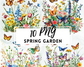 Butterfly Garden Clipart, Garden Flowers Clipart, Transparent Background, DOWNLOAD Floral Clipart, Spring Clipart, Spring Florals, Garden
