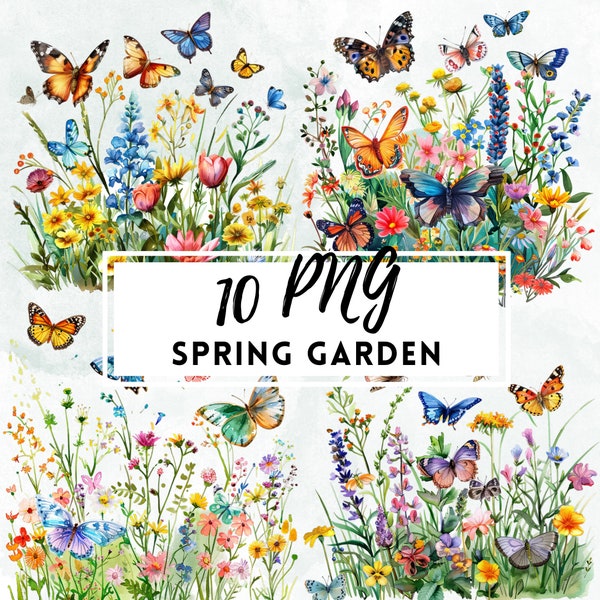 Watercolor Butterfly Garden Clipart, Garden Flowers Clipart, Transparent Background, DOWNLOAD Floral Clipart, Spring Clipart, Spring Florals