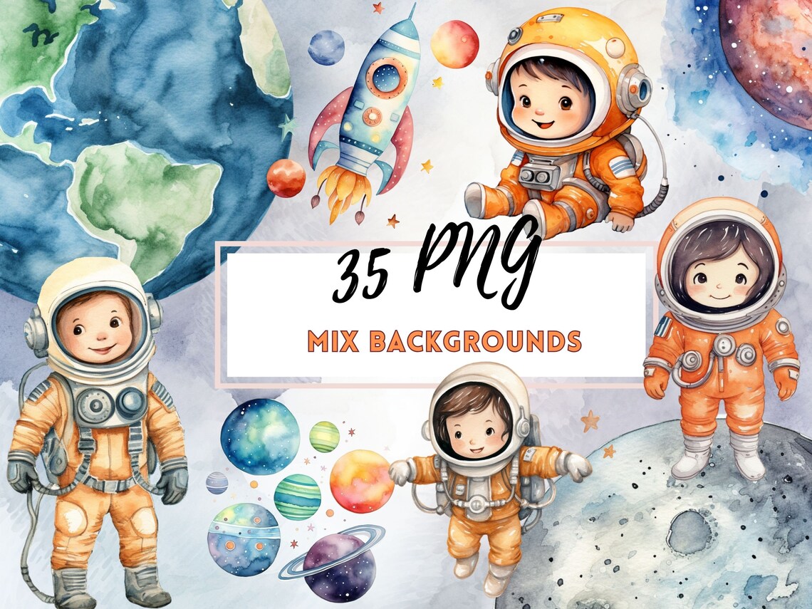 Watercolor Space Clipart, Cute Astronaut Nursery Clipart, Rocket ...