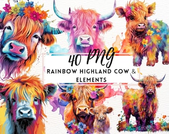 Rainbow Watercolor Highland Cow Clipart, Painted Highland Cow Clipart, Colorful Cow, PNG Graphics, Commercial Use, Highland Cow Downloads