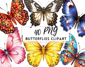 Watercolor Butterfly Clipart Set, 40 PNG Graphics (Digital Download)